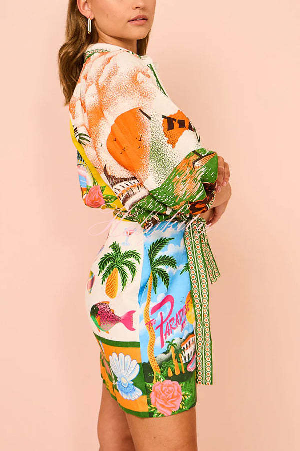 Summer Sophistication Linen Blend Unique Print Belted Pocket Shirt Mini Dress-tidenox