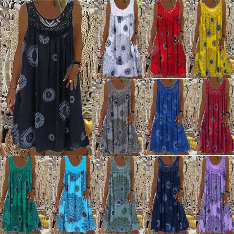 💥Women Summer O-Neck Sleeveless Print Dress-tidenox