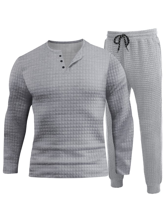 Men's Waffle Jacquard Casual Sport Knit Top Sweatpants Set-tidenox
