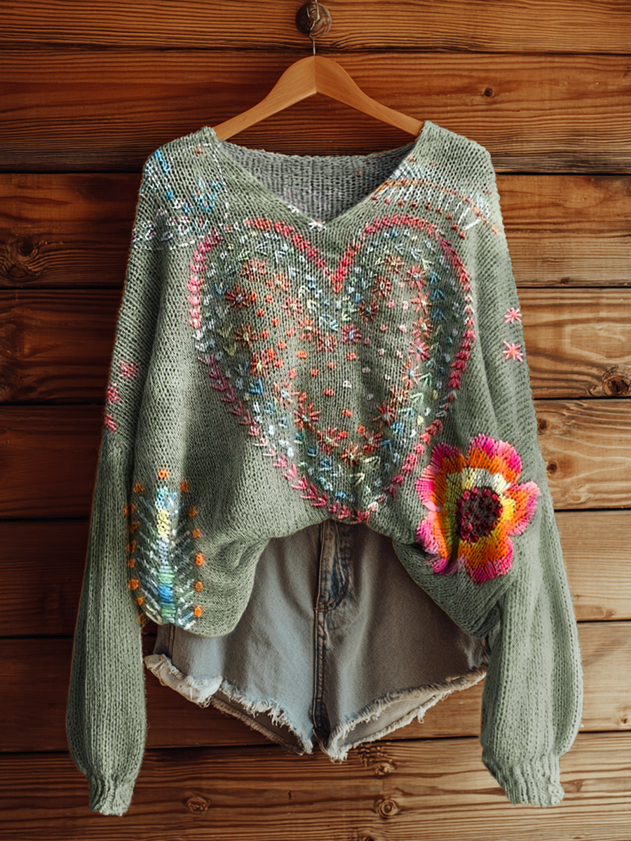 Women's Vintage Bohemian Floral Love Art Print Casual Pullover Sweater-tidenox