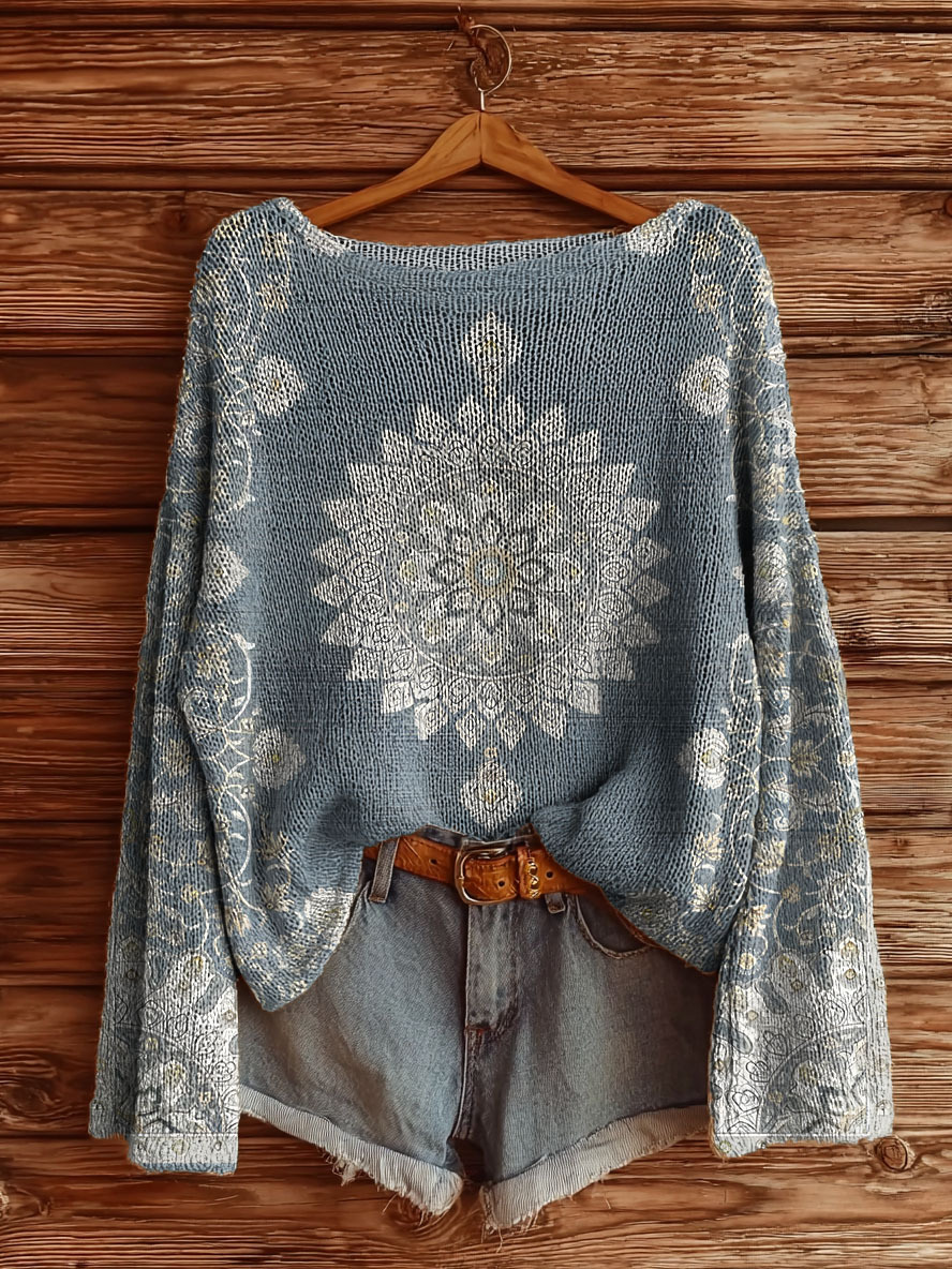 Light blue National style Flowers Print Women's Casual Pullover Sweater-tidenox