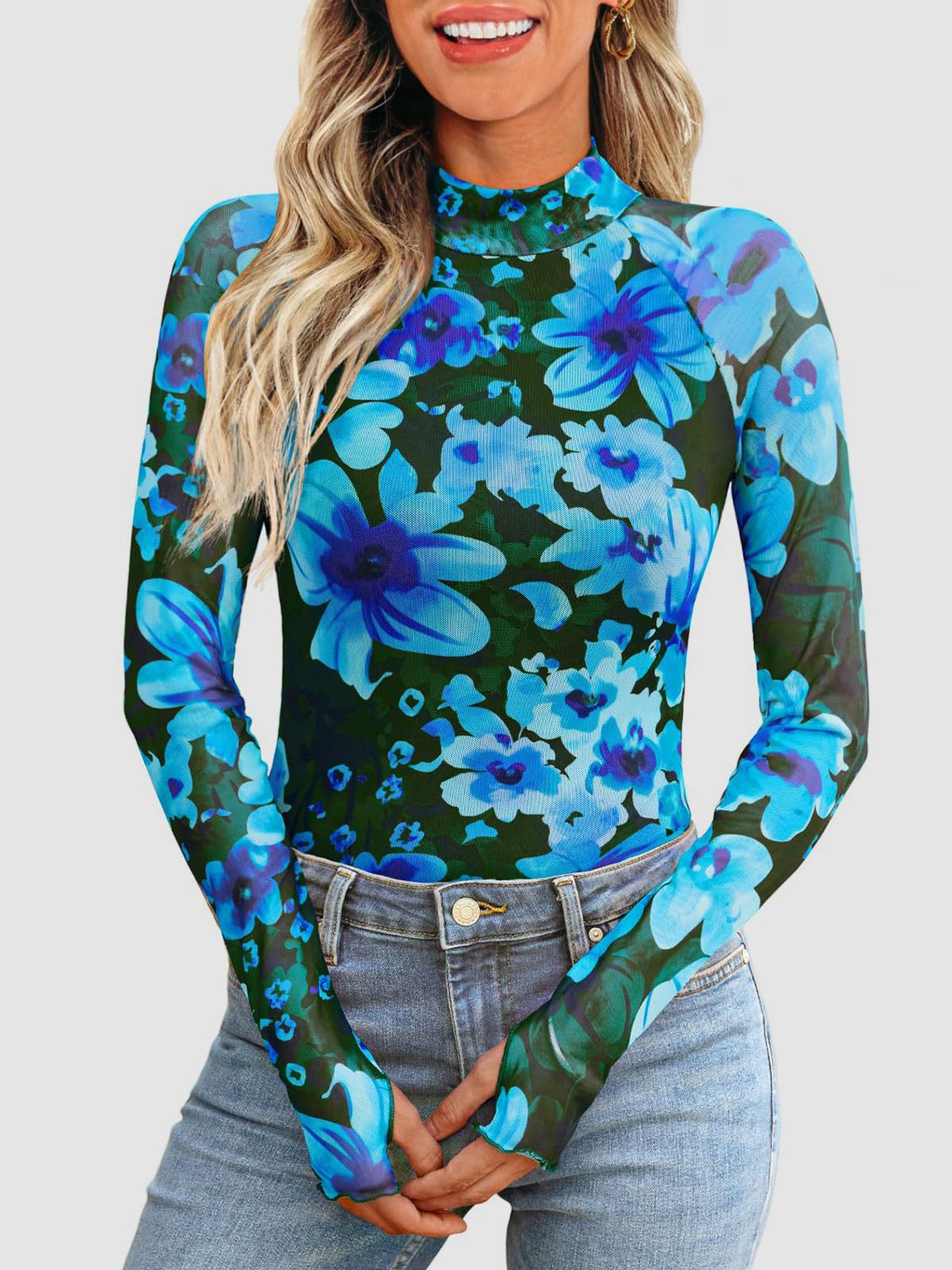 Floral Mock Neck Long Sleeve T-Shirt
