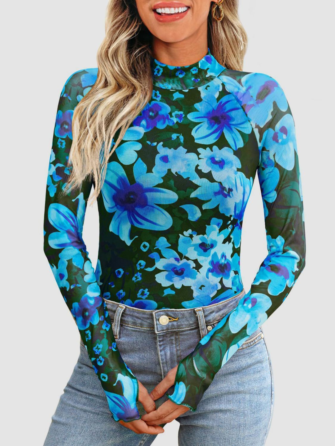 Floral Mock Neck Long Sleeve T-Shirt