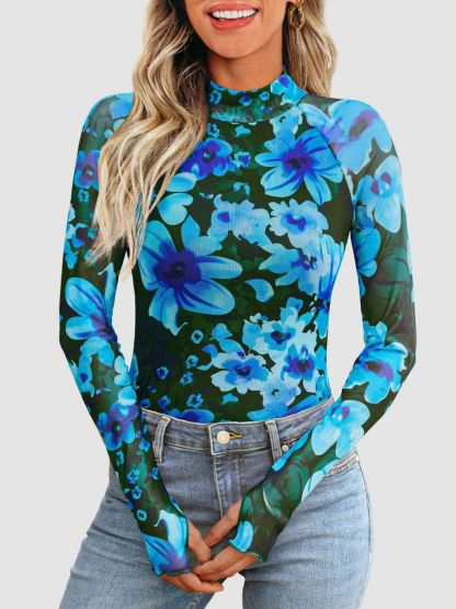 Floral Mock Neck Long Sleeve T-Shirt