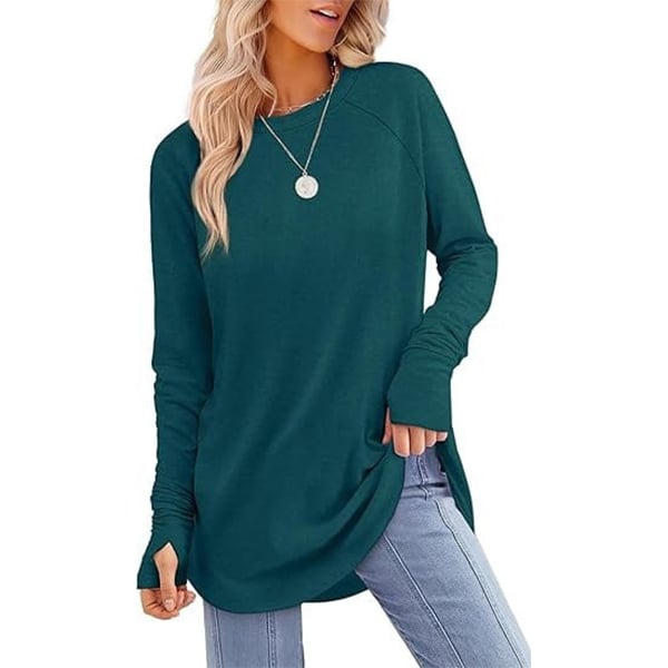 Womens Tunic Tops to Wear with Leggings Long Sleeve Thumb Hole Shirts Crew Neck Curved Hem-tidenox