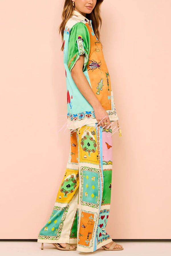 Funny Poker Summer Satin Unique Print Elastic Waist Pocketed Wide Leg Pants-tidenox