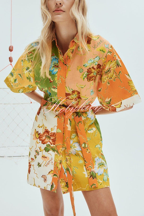 Kienna Linen Blend Unique Floral Print Tie-waist Mini Dress-tidenox