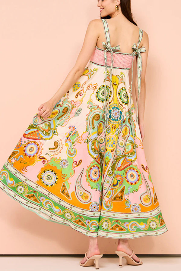 Summer Serenade Linen Blend Unique Print Tie-up Strap Smocked Pocketed Maxi Dress-tidenox