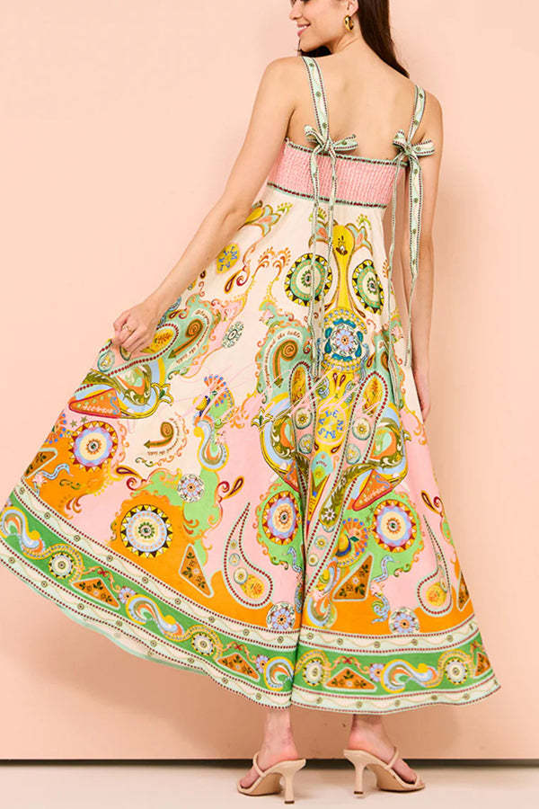 Summer Serenade Linen Blend Unique Print Tie-up Strap Smocked Pocketed Maxi Dress-tidenox