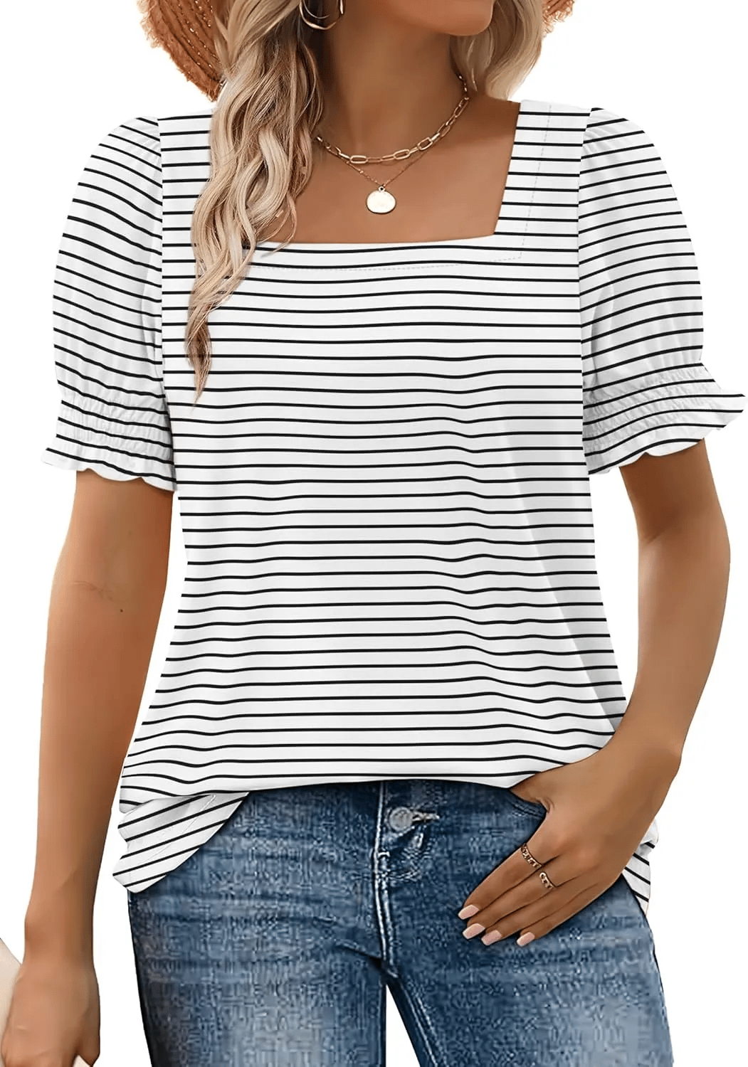 🔥Women's Square Neck Smocked Sleeve T-Shirt Casual Top-tidenox