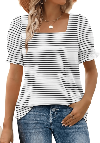 🔥Women's Square Neck Smocked Sleeve T-Shirt Casual Top-tidenox