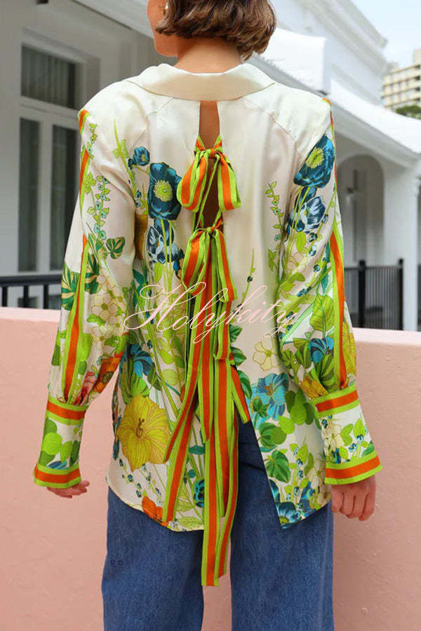 Antibes Satin Floral Print Back Tie-up Button Down Oversized Blouse-tidenox