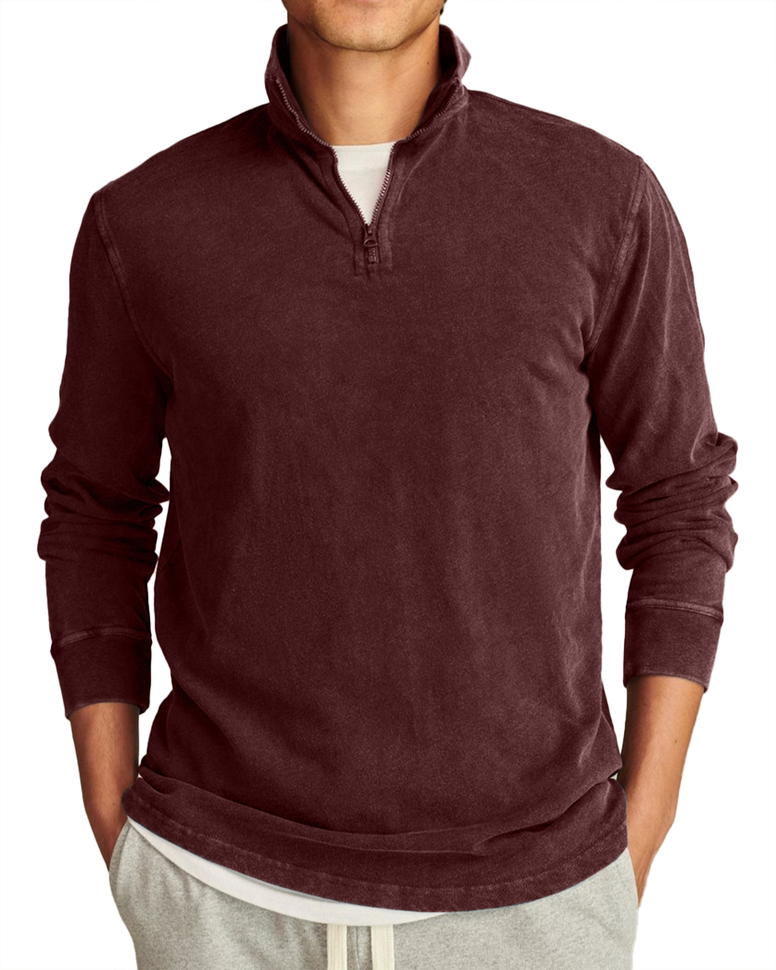 Men's Retro Casual Stand Collar Half-Zip Solid Color Long Sleeve T-Shirt-tidenox