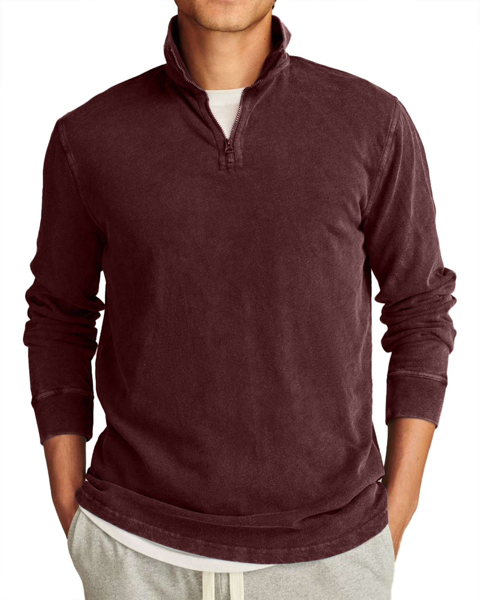 Men's Retro Casual Stand Collar Half-Zip Solid Color Long Sleeve T-Shirt-tidenox