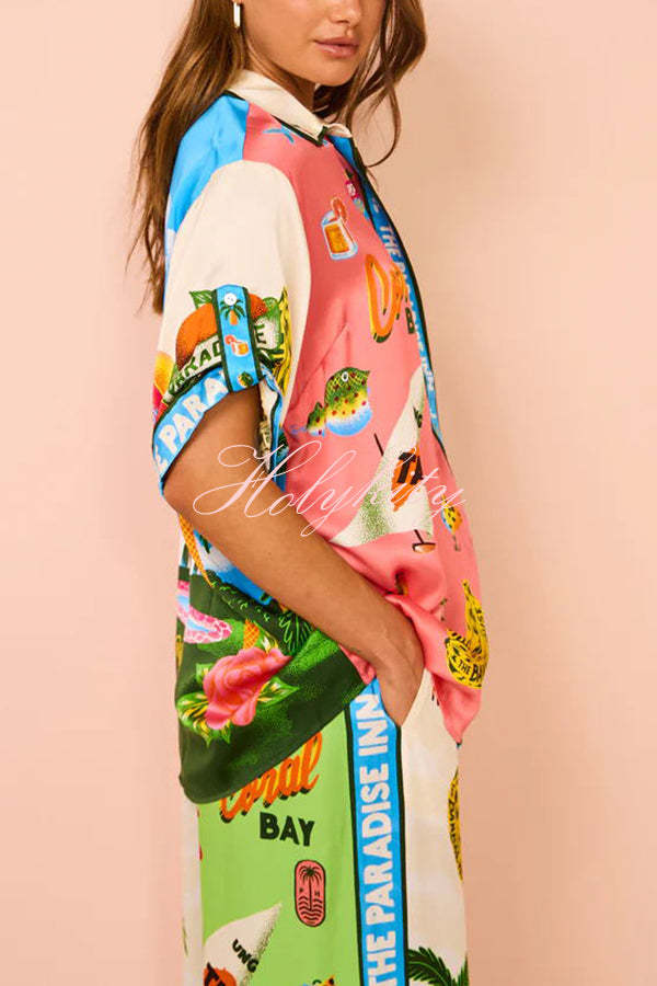 Kissed By The Sun Satin Unique Print Colorblock Button Down Oversized Blouse-tidenox