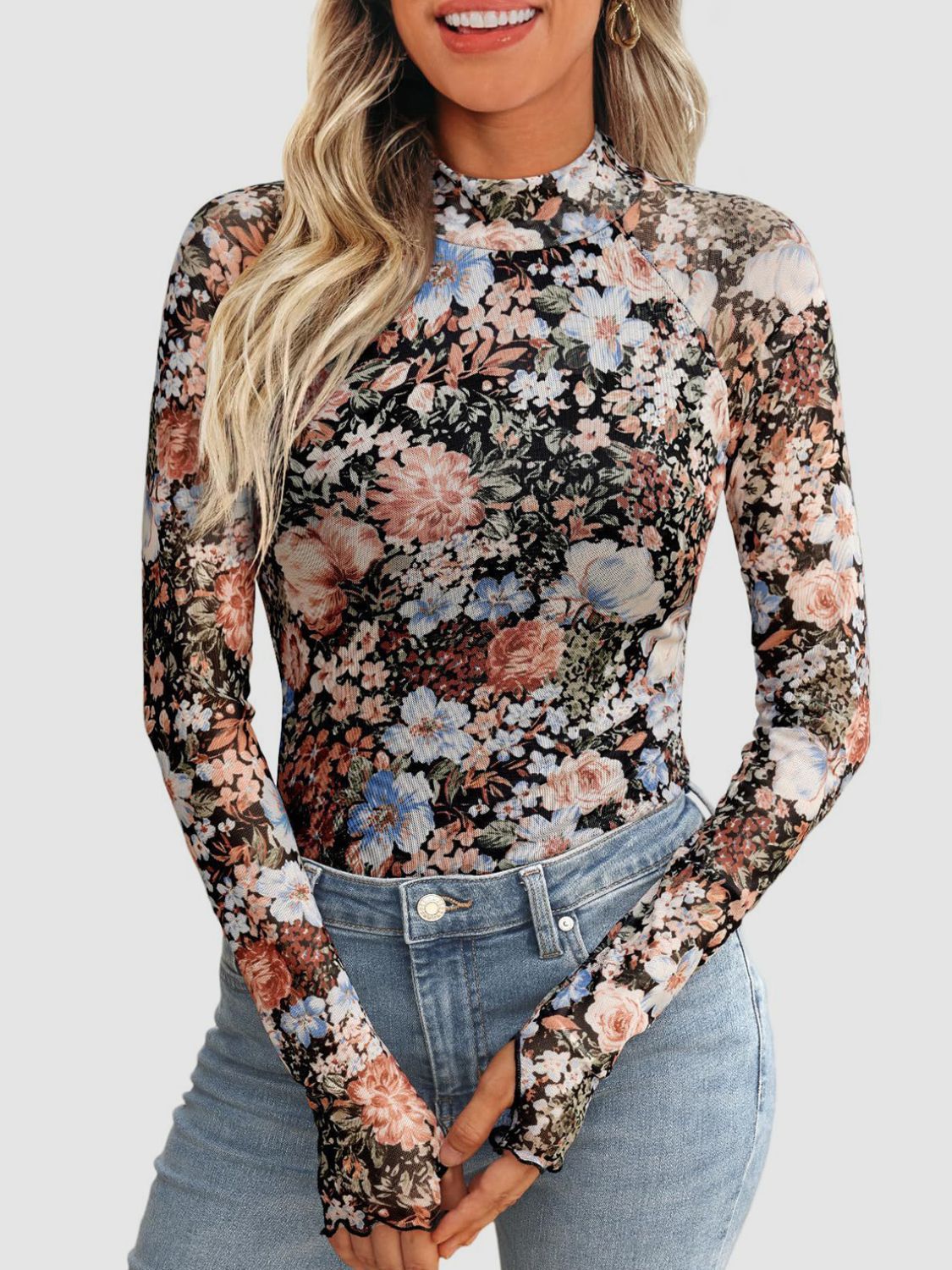 Floral Mock Neck Long Sleeve T-Shirt