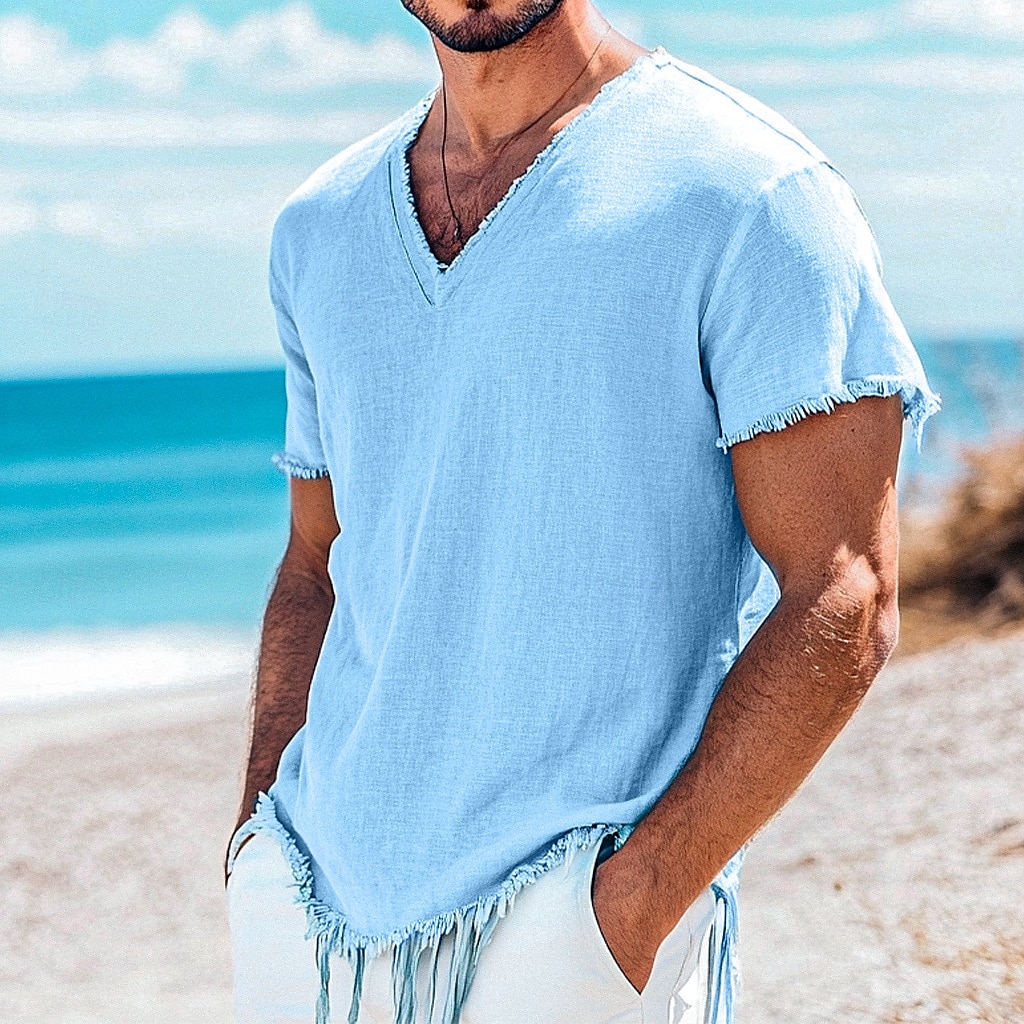 Men's Tee Top Linen T-Shirt Short Sleeves V Neck Summer Plain Fashion Designer Basic Soft Vacation Casual Daily Beach Light Blue White Pink Top Tee for Men 2025 - €21.99 –P1