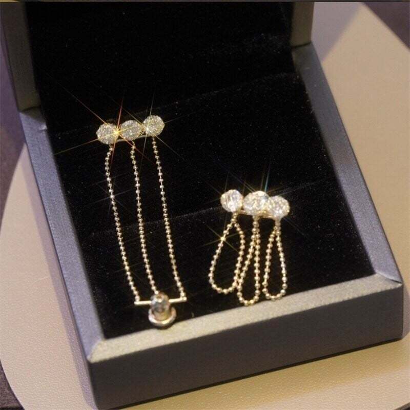 Metal mesh zircon chain tassel earrings-tidenox