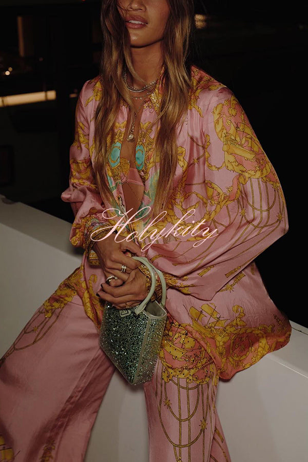 Mermaid Motel Unique Print Long Sleeve Loose Shirt and Elastic Waist Pants Set-tidenox