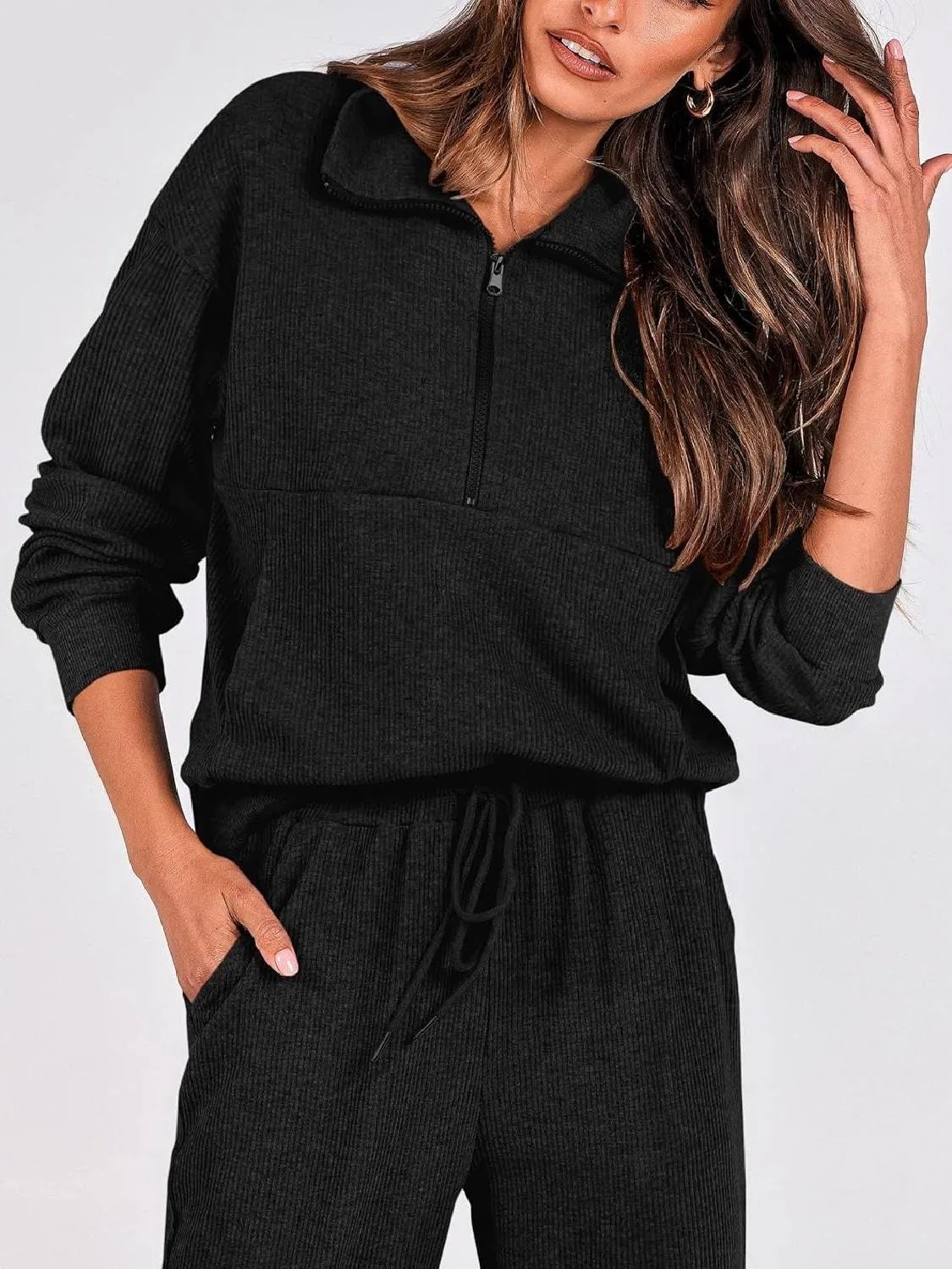 ⏰Hot Sale-Womens 2 Piece Long Sleeve Half Zip Pullover Fall Tracksuit Sweatsuits Set(Buy 2 Free Shipping)-tidenox