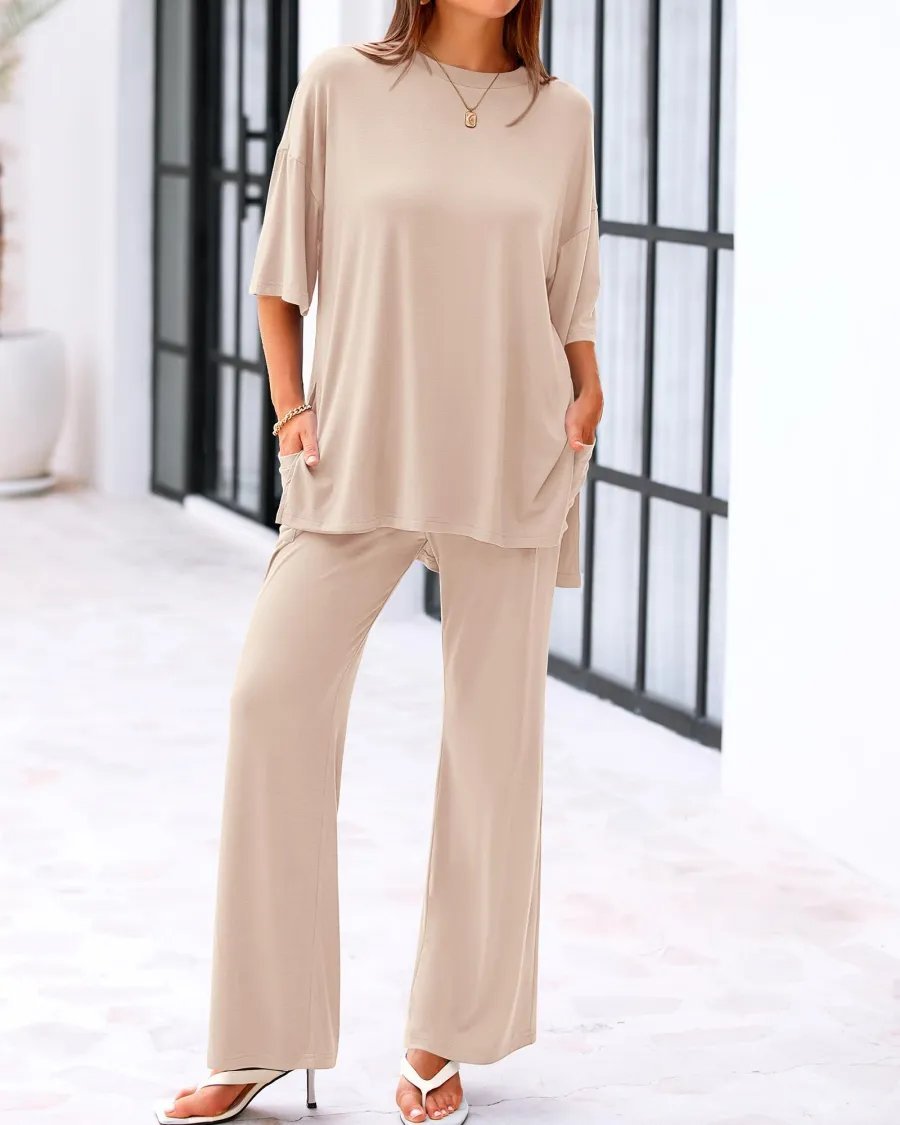 Casual 2-Piece Loose-Fit Short Sleeve Top & Wide-Leg Pants Set with Po