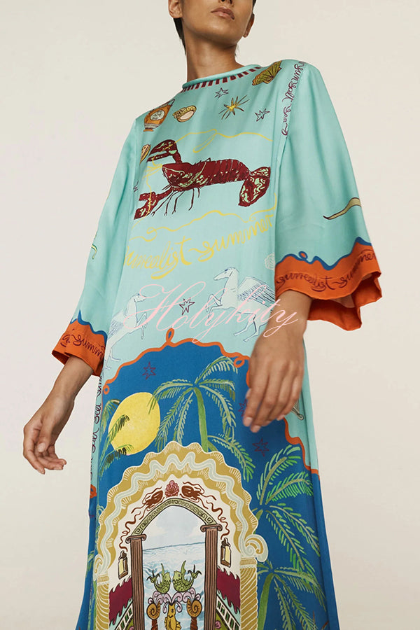 Satin Unique Print Long-sleeve Tie-waist Slit Maxi Dress-tidenox