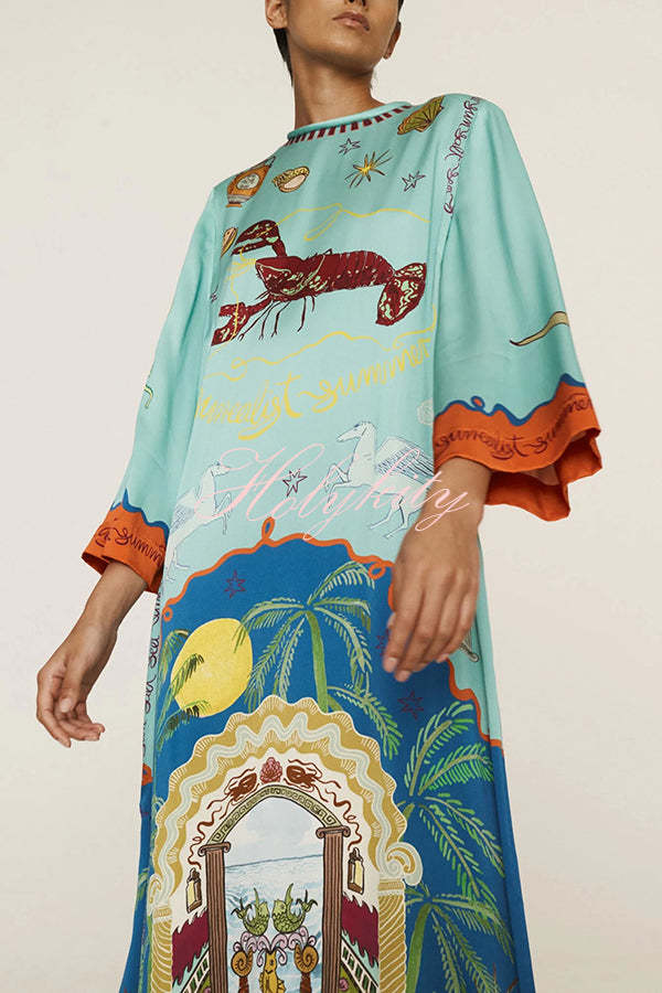 Satin Unique Print Long-sleeve Tie-waist Slit Maxi Dress-tidenox