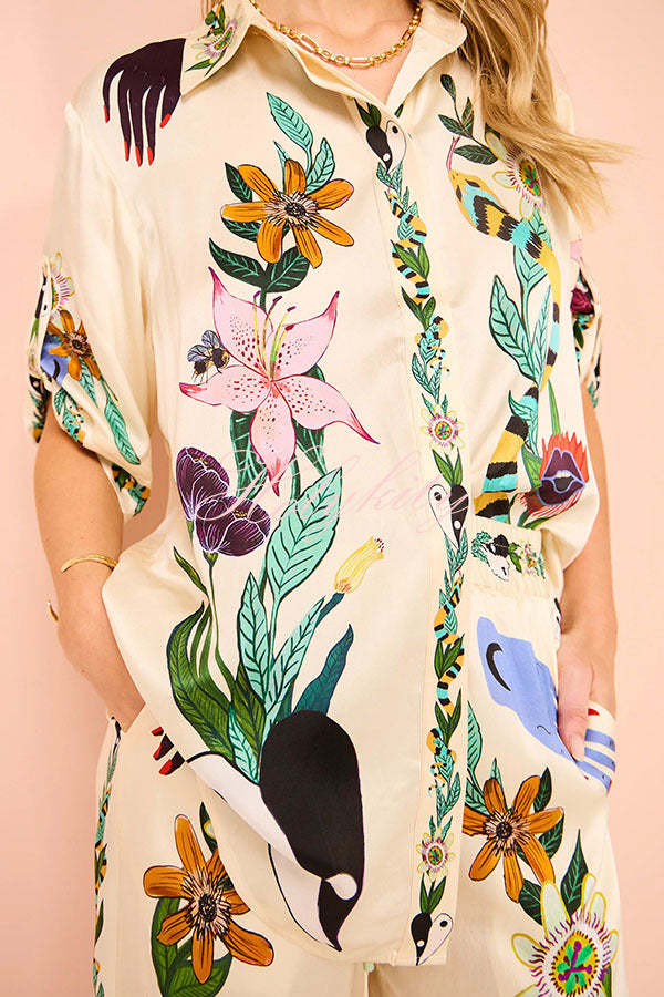 Modern Sophisticated Feel Satin Unique Print Button Down Oversized Blouse-tidenox