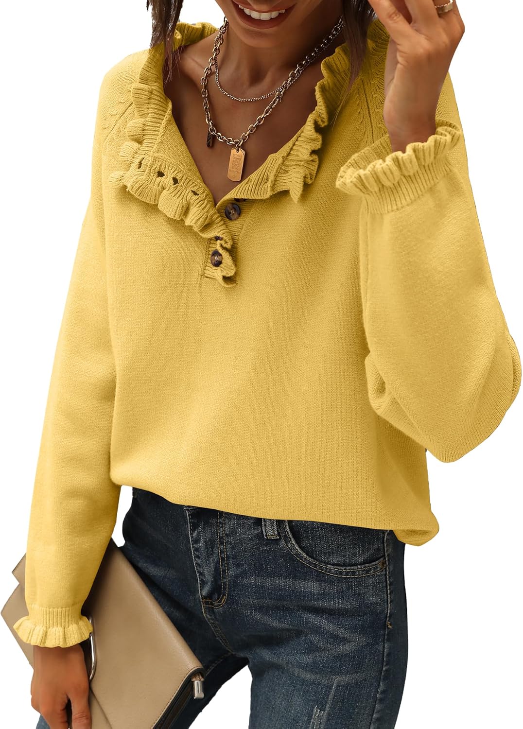 CLEARANCE SALE🔥Ruffle Trim Casual Knit Pullover Tops﻿(Buy 2 Free Shipping)-tidenox