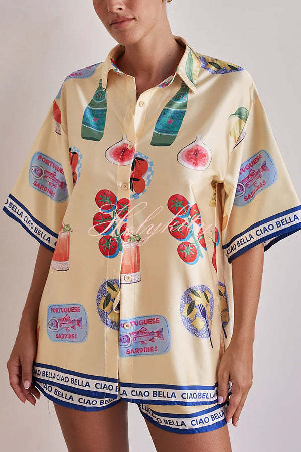 Kai Satin Unique Print Short Sleeve Shirt and Elastic Waist Drawstring Pocket Shorts Set-tidenox