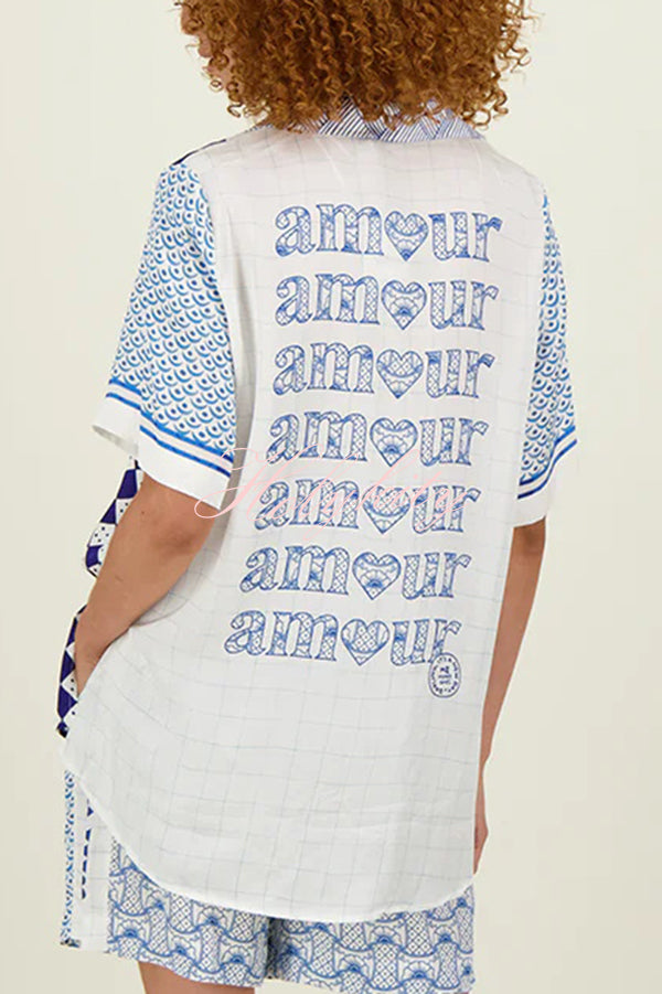 Unique Dragon Print Short Sleeve Loose Shirt and Elastic Waist Pocket Pants Silk Satin Set-tidenox