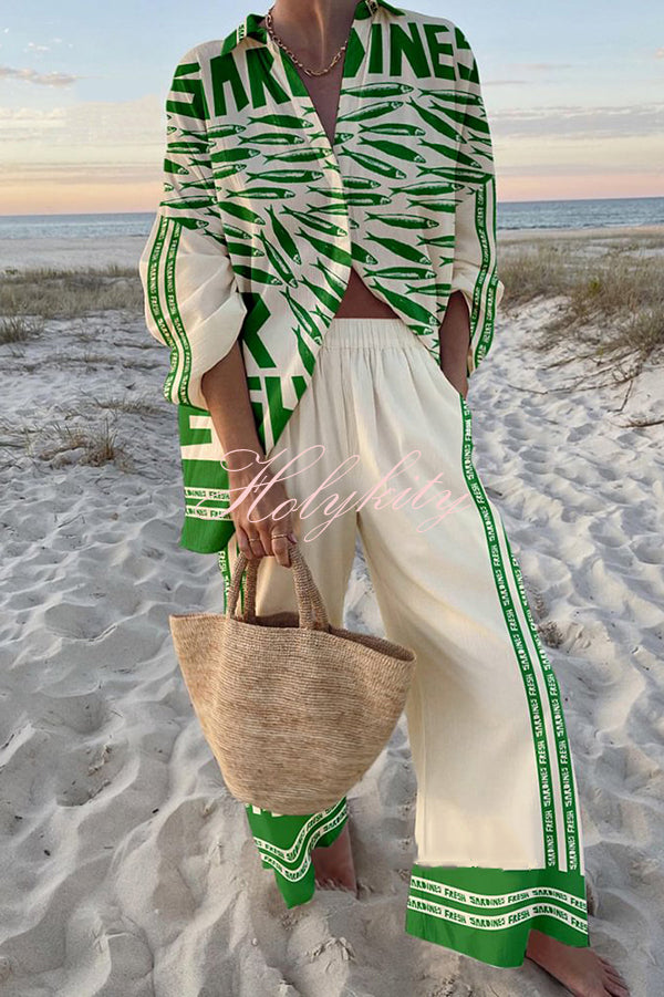 Unique Ocean Print Oversized Shirt and Elastic Waist Pocket Pants Set-tidenox