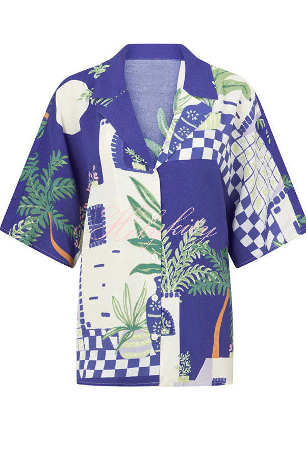 Balmy Summer Nights Unique Print Loose Shirt and Elastic Waist Wrap Lace-up Skirt Set-tidenox