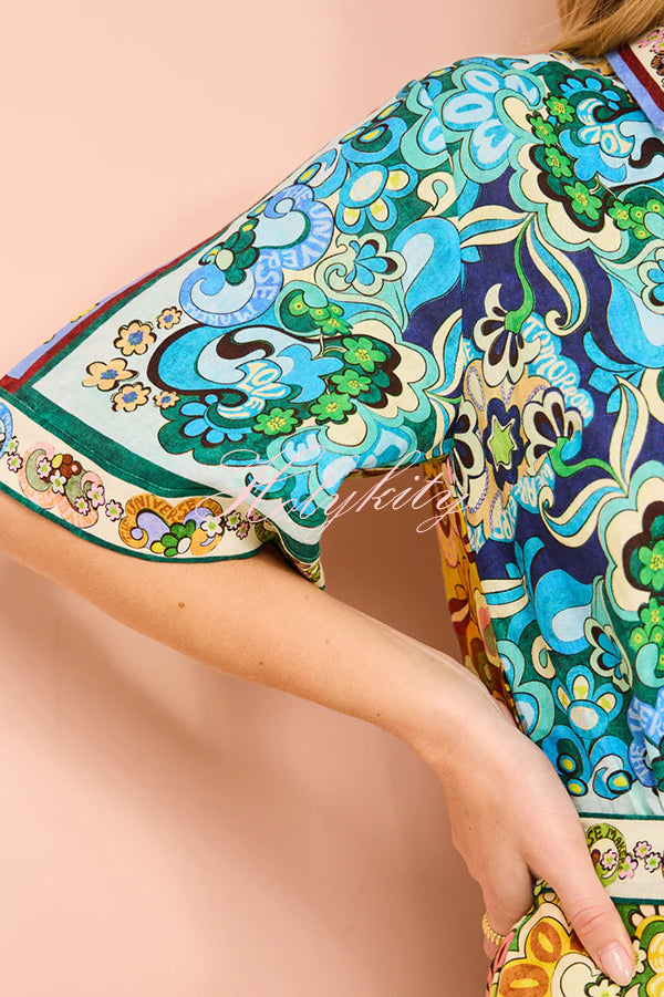 Sasha Linen Blend Unique Printed Shirt Style Tie-waist Mini Dress-tidenox