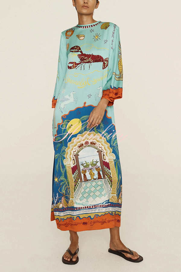 Satin Unique Print Long-sleeve Tie-waist Slit Maxi Dress-tidenox