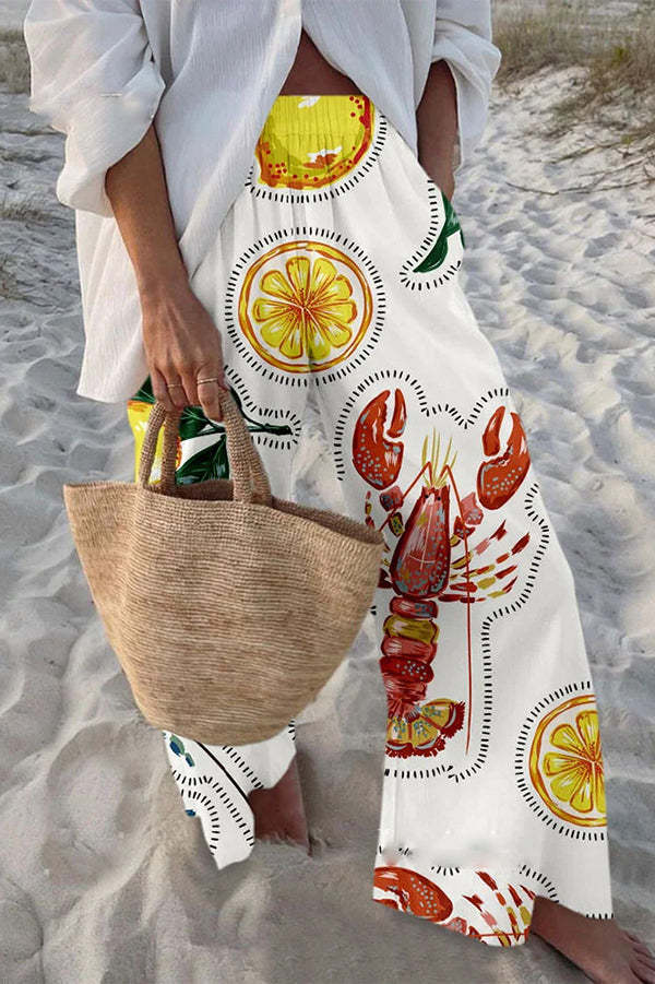 Unique Marine Print Elastic Waist Loose Pocket Pants-tidenox