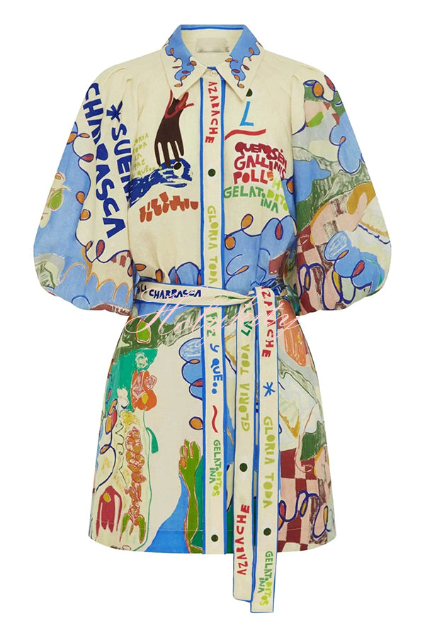 Phebe Linen Blend Unique Print Pocket Waist Tie Mini Dress-tidenox