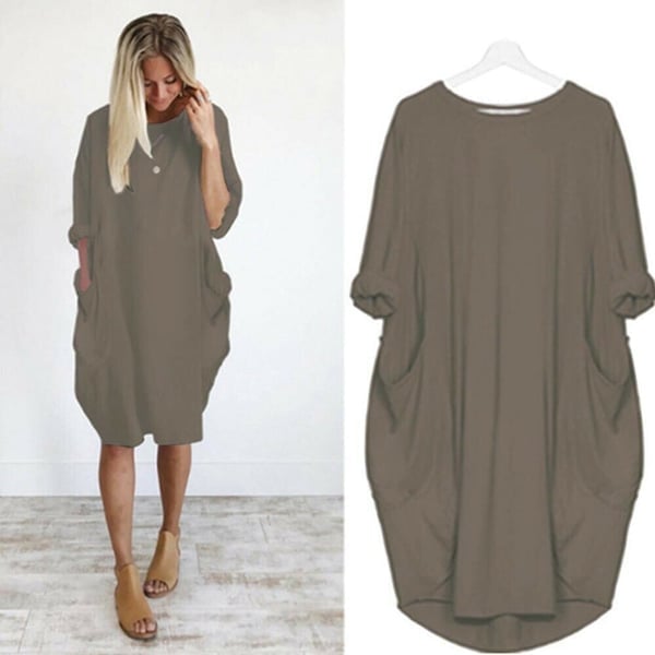 💝17 Colors Women Casual Loose Pocket Long Sleeves Dress-tidenox