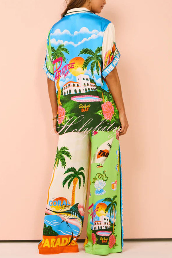 Kissed By The Sun Satin Unique Print Colorblock Button Down Oversized Blouse-tidenox
