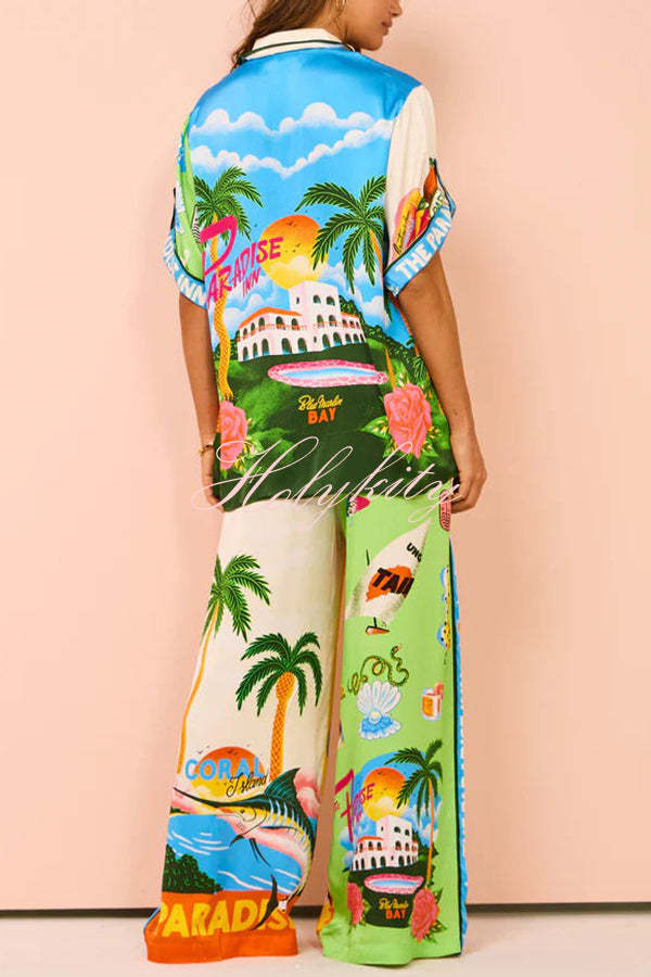 Kissed By The Sun Satin Unique Print Colorblock Button Down Oversized Blouse-tidenox