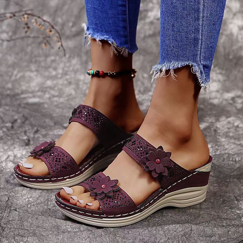 Women Casual Shoes Vintage Flower Fish Mouth Sandals-tidenox