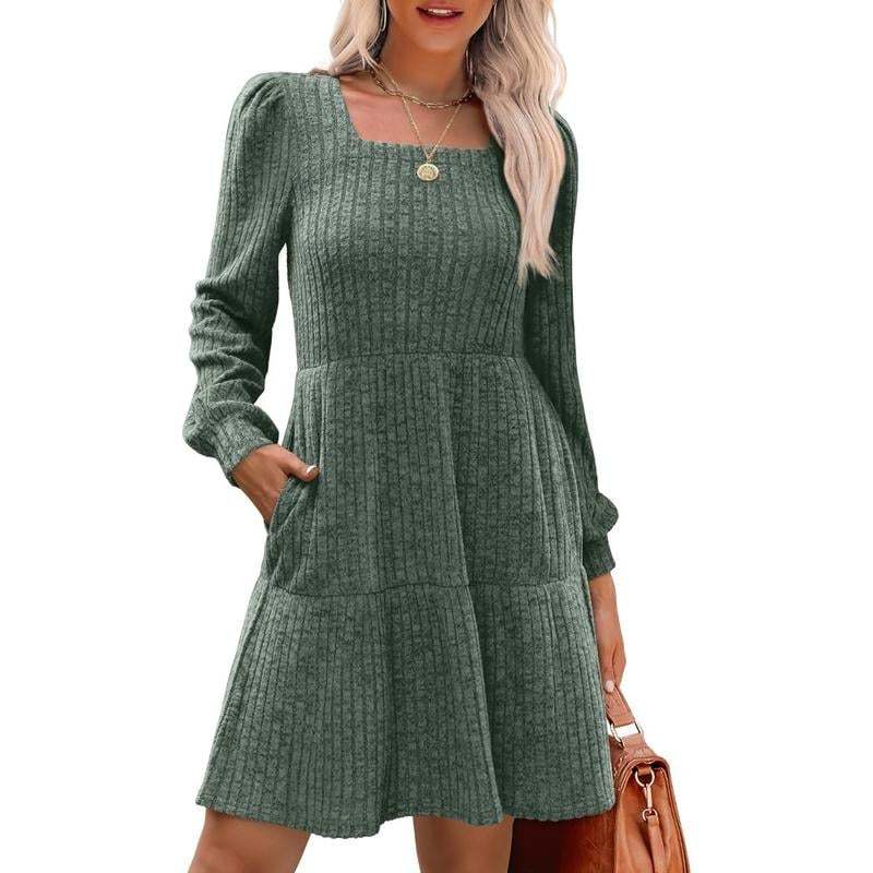 🍂Last Day Promotion 49% OFF🔥Womens Square Neck Long Sleeve Fall Dresses Casual Babydoll Sweater Dress-tidenox