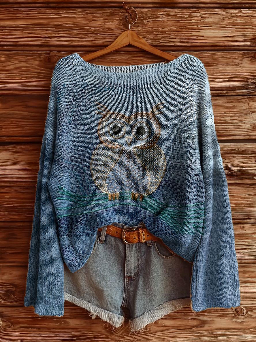 Women's Line Owl Pattern Art Print Casual Pullover Sweater-tidenox