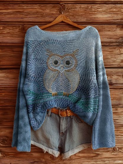 Women's Line Owl Pattern Art Print Casual Pullover Sweater-tidenox