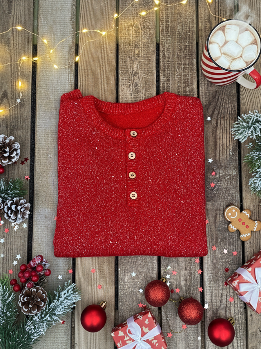 Women's Shiny Henley Neck Solid Color Sweater Top-tidenox