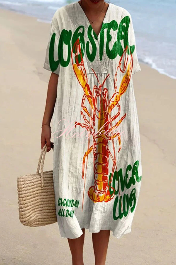 Unique Marine Print V-neck Short-sleeved Midi Dress-tidenox