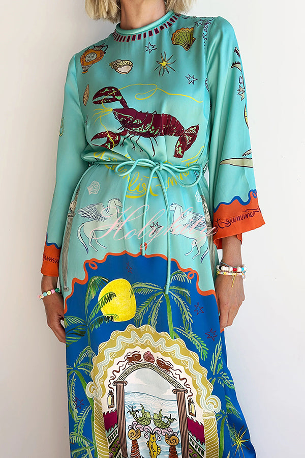 Satin Unique Print Long-sleeve Tie-waist Slit Maxi Dress-tidenox
