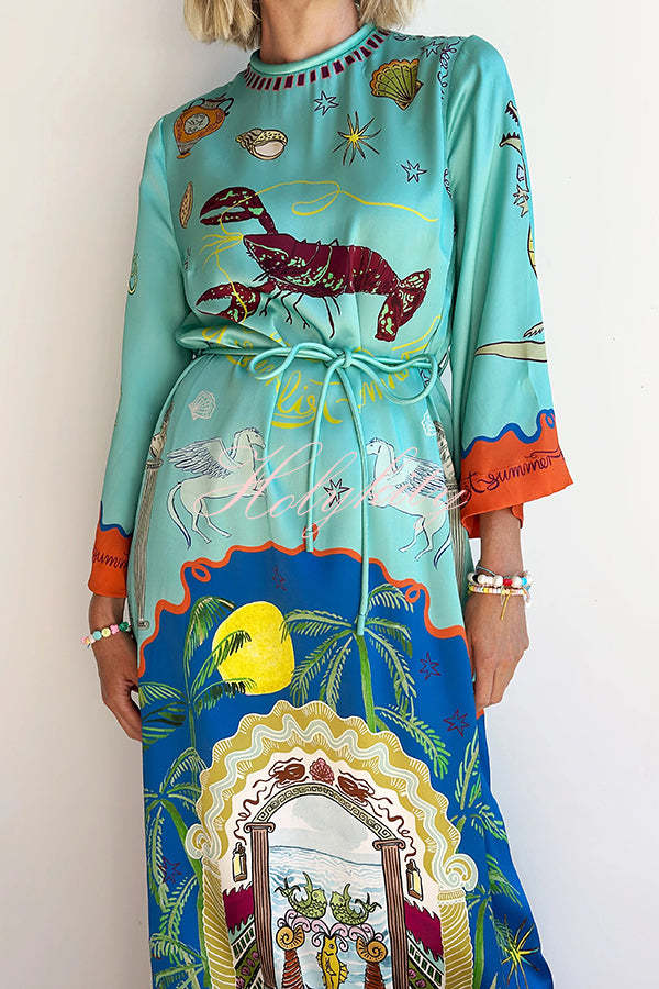 Satin Unique Print Long-sleeve Tie-waist Slit Maxi Dress-tidenox