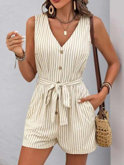 Striped V-neck Button Front Belted Romper-tidenox