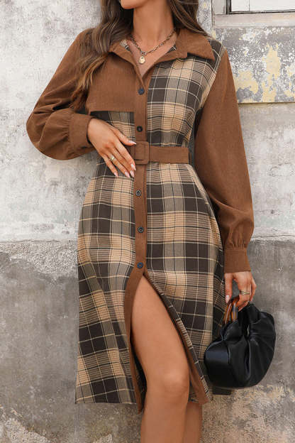 Retro Plaid Patchwork Casual Belt Workplace Style Midi Dress-tidenox